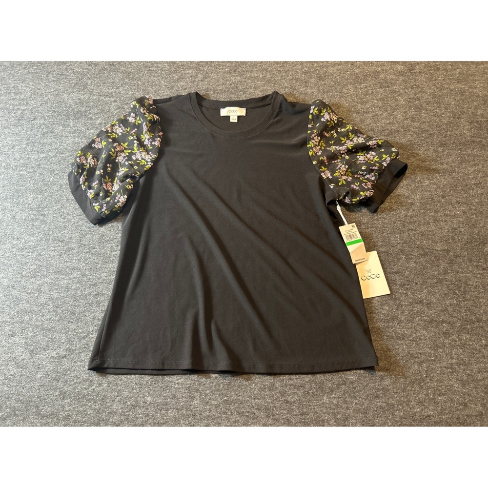CeCe Puff Sleeve Top Womens Large Black Floral Print Mixed Media Crew Neck